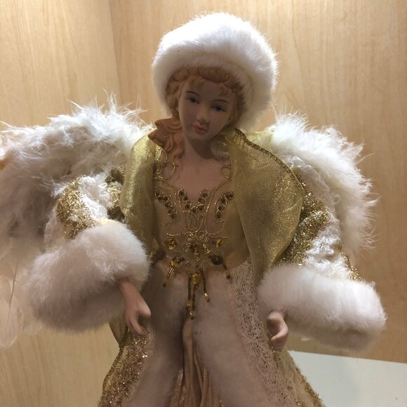 Vintage Porcelain Standing Angel with White Feather Wings & Gold Gown 14 Inches - Picture 6 of 12